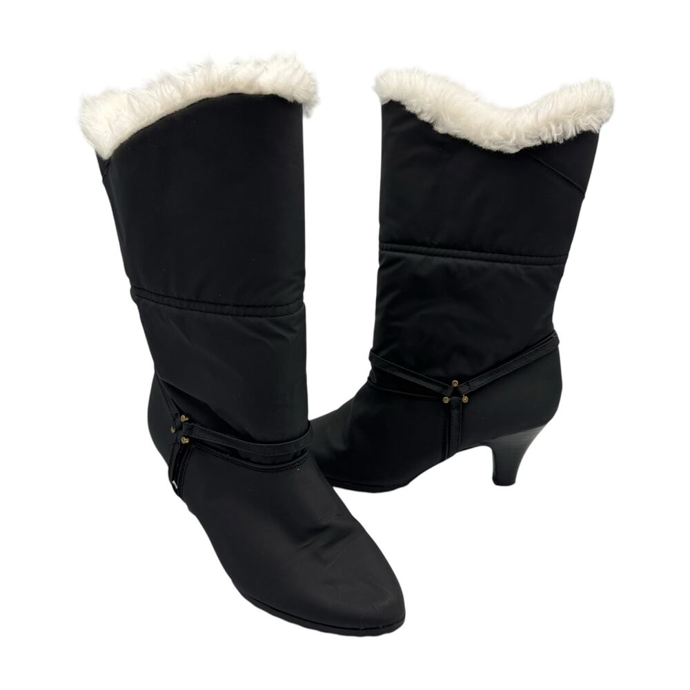 R.O.C. Vintage Black Nylon Mid Calf Faux Fur Pointed Toe Cone Heel Pull On Boots